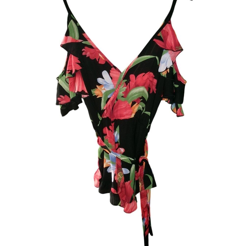 Monaco Women's Floral Ruffle Wrap Romper Black Red Tie Waist Sz S/M